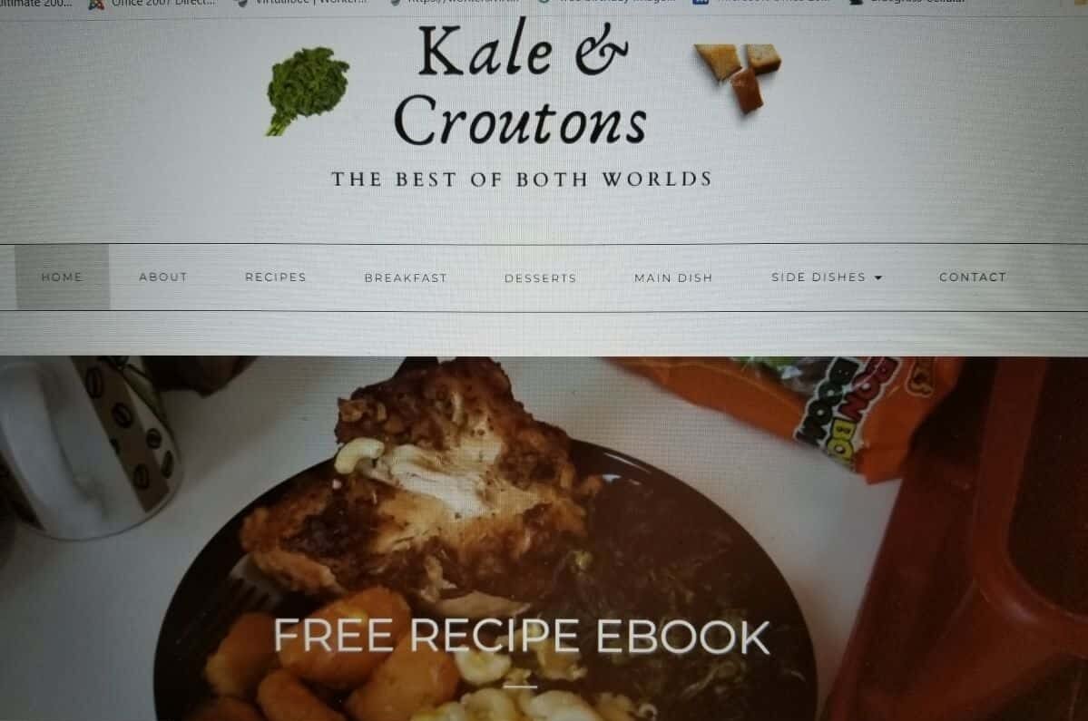 Screenshot of a food blog featuring a home-cooked meal with a focus on recipes and a free recipe ebook offer.