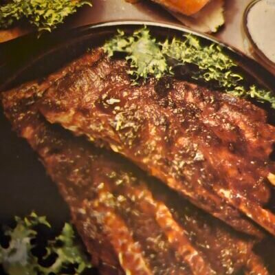 A close-up image of a seasoned, grilled slab of ribs on a plate garnished with lettuce, with slices of bread and a small bowl of sauce partially visible in the background.