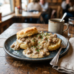 Biscuits covered in sausage gravy on a plate with a fork and a cup of coffee