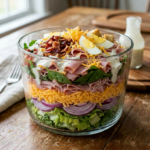 Layered chef salad with lettuce, red onions, shredded cheddar cheese, ham, spinach, hard boiled egg, bacon, croutons, and ranch dressing in a glass bowl