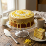 Two-layer lemon drizzle cake with lemon zest and glaze on a glass cake stand, slice on plate with lemon zest, cup of coffee and small jug of milk