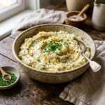Bowl of grandma's gruyere mashed potatoes topped with chopped chives and black pepper with a spoon