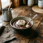 Bowl of old fashioned chocolate pudding with whipped cream and chocolate shavings on wooden table