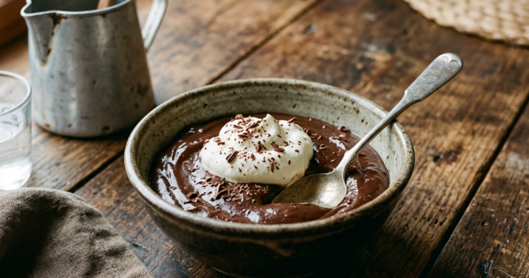 Bowl of old fashioned chocolate pudding with whipped cream and chocolate shavings on wooden table