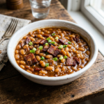 Bowl of baked beans with bacon pieces and chopped green onions on top