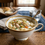 Bowl of chicken and dumpling soup with vegetables and herbs