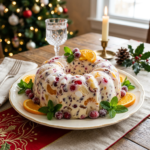 Bundt-shaped creamy dessert with embedded cranberries, orange slices, and mint leaves on a white plate with holiday decorations