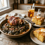 Ham hock served over collard greens with cornbread and iced tea on wooden table