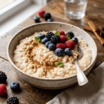 Bowl of creamy rice pudding garnished with blueberries, raspberries, blackberries, cinnamon powder, and mint leaves.