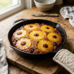 Pineapple upside-down cake with pineapple rings and cherries in a black skillet