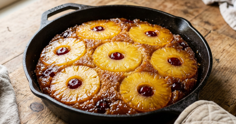 Pineapple upside-down cake with pineapple rings and cherries in a black skillet