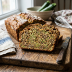 Sliced zucchini walnut bread loaf with visible nuts and zucchini strands