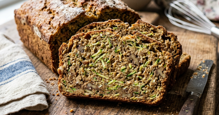 Sliced zucchini walnut bread loaf with visible nuts and zucchini strands