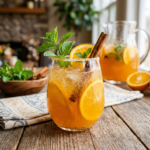Glass of iced citrus drink with orange slices, mint leaves, cinnamon sticks, and ice cubes