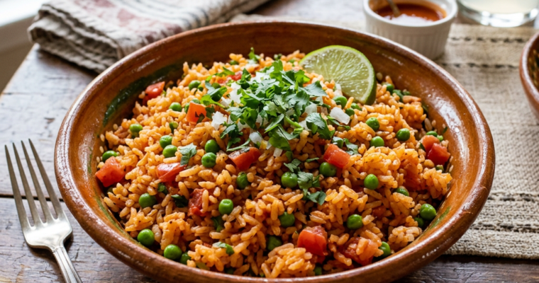 Bowl of Mexican rice with peas, diced tomatoes, cilantro, and lime wedge