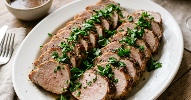 Sliced pork tenderloin garnished with chopped green herbs on a white plate with a bowl of sauce nearby