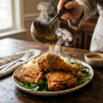 Gravy being poured over crispy fried chicken with sides of green beans and mashed potatoes