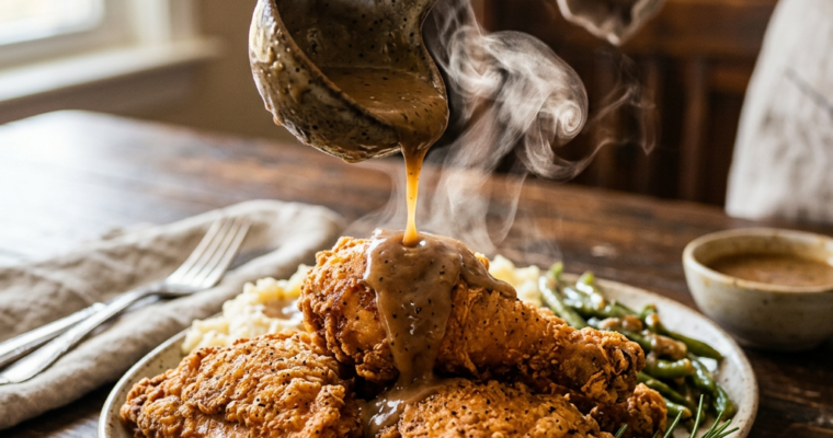 Gravy being poured over crispy fried chicken with sides of green beans and mashed potatoes