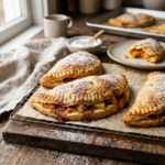 Three golden, flaky hand pies dusted with powdered sugar on a cooling rack