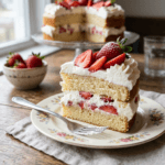 Slice of strawberry shortcake with whipped cream and fresh strawberries