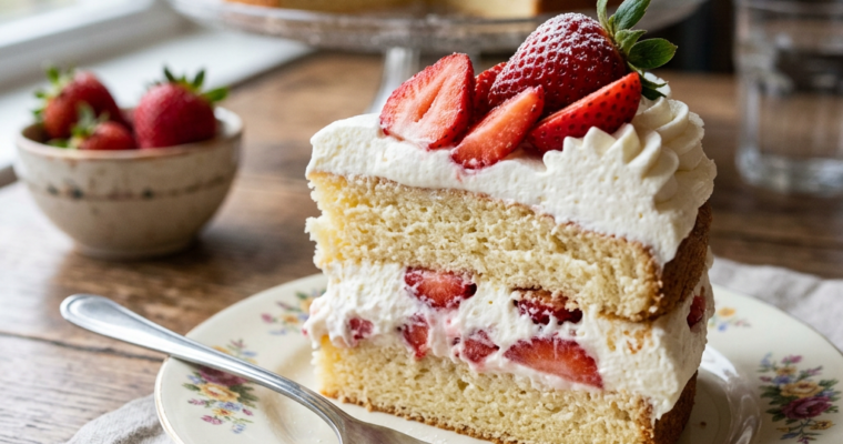 Slice of strawberry shortcake with whipped cream and fresh strawberries