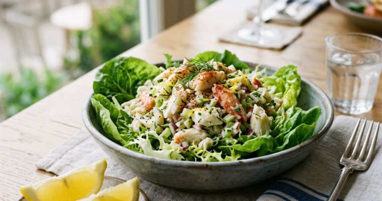 Crab salad with lettuce and lemon wedges on a wooden table