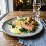 Cooked salmon on asparagus with hollandaise sauce, new potatoes, and a lemon wedge