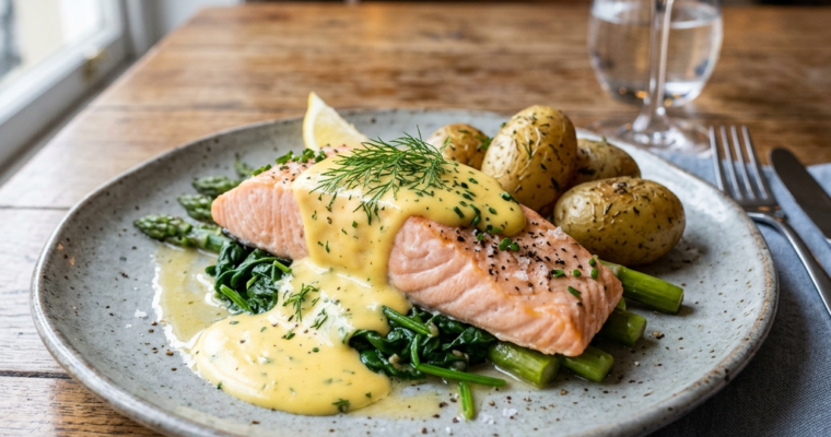 Cooked salmon on asparagus with hollandaise sauce, new potatoes, and a lemon wedge