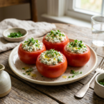 Four hollowed tomatoes filled with cottage cheese and herbs on a white plate