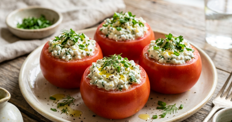 Four hollowed tomatoes filled with cottage cheese and herbs on a white plate