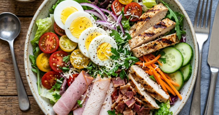 Cobb salad with grilled chicken, sliced hard-boiled eggs, ham, bacon, cherry tomatoes, cucumbers, carrots, olives, and lettuce with ranch dressing on the side.