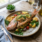 Whole grilled fish garnished with lemon slices and herbs, served with roasted potatoes, cherry tomatoes, asparagus, and parsley on a plate