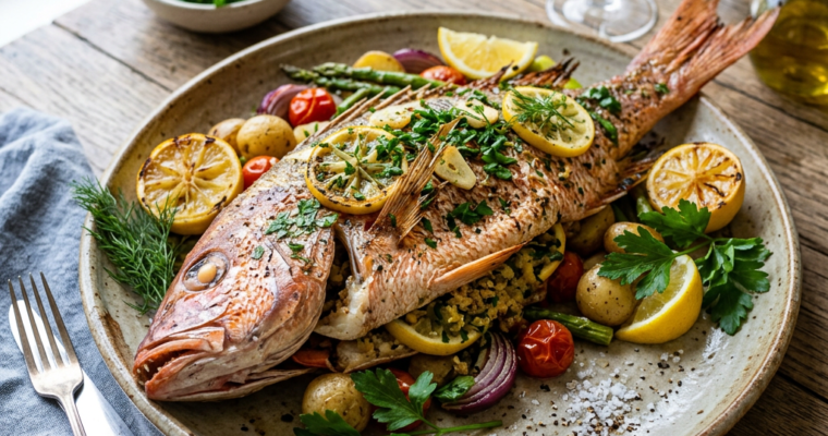 Whole grilled fish garnished with lemon slices and herbs, served with roasted potatoes, cherry tomatoes, asparagus, and parsley on a plate