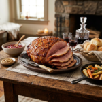 Glazed ham with cloves sliced on a plate with rolls, roasted vegetables, cranberry sauce, and glasses of red wine