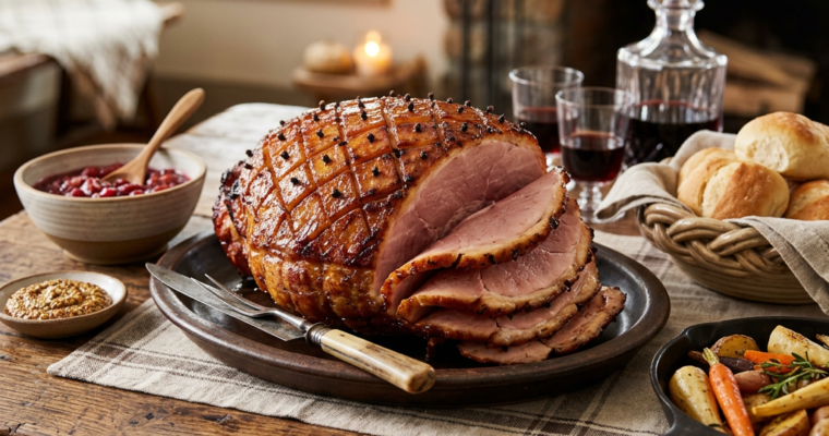 Glazed ham with cloves sliced on a plate with rolls, roasted vegetables, cranberry sauce, and glasses of red wine