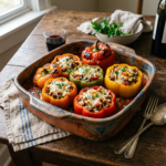 Baked stuffed bell peppers filled with rice, meat, and topped with melted cheese in a rustic casserole dish