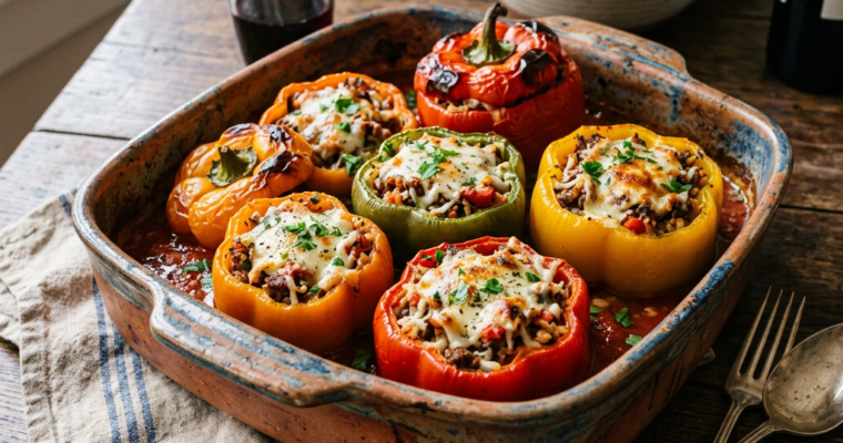 Baked stuffed bell peppers filled with rice, meat, and topped with melted cheese in a rustic casserole dish