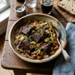 Bowl of beef stew with chunks of beef, cabbage, carrots, celery, and onions