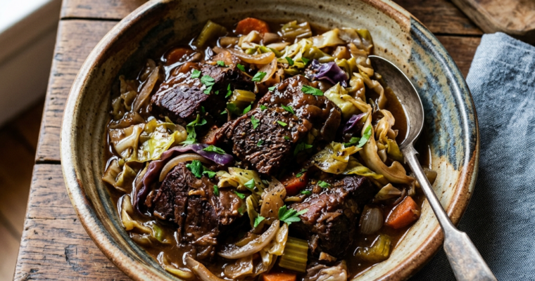 Bowl of beef stew with chunks of beef, cabbage, carrots, celery, and onions