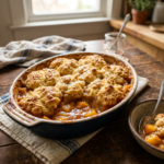 Baked peach cobbler with golden biscuit topping in a ceramic dish
