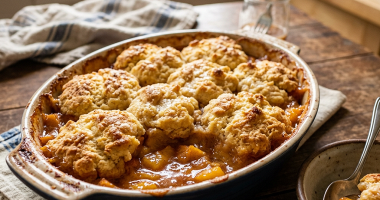 Baked peach cobbler with golden biscuit topping in a ceramic dish