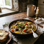 Bowl of beef stew with carrots, potatoes, and herbs alongside buttered bread slice