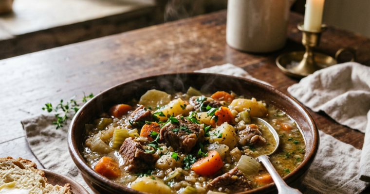 Bowl of beef stew with carrots, potatoes, and herbs alongside buttered bread slice