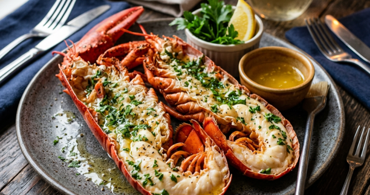 Two baked lobster halves garnished with herbs, lemon wedge, parsley, and melted butter on plate