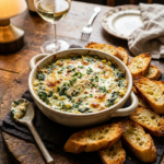 Baked spinach and artichoke dip topped with melted cheese and herbs, surrounded by toasted bread slices