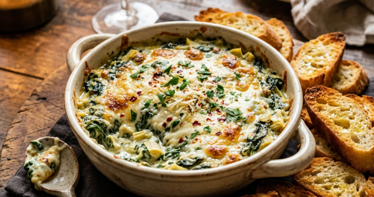 Baked spinach and artichoke dip topped with melted cheese and herbs, surrounded by toasted bread slices