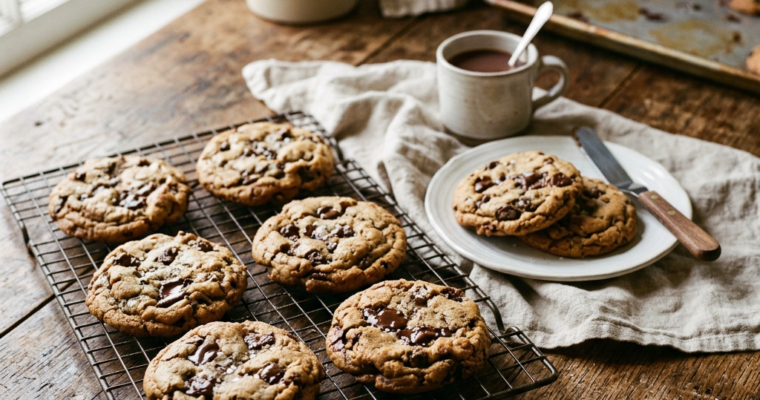Chocolate chip cookies cooling on wire rack with cookies on plate and cup of hot chocolate