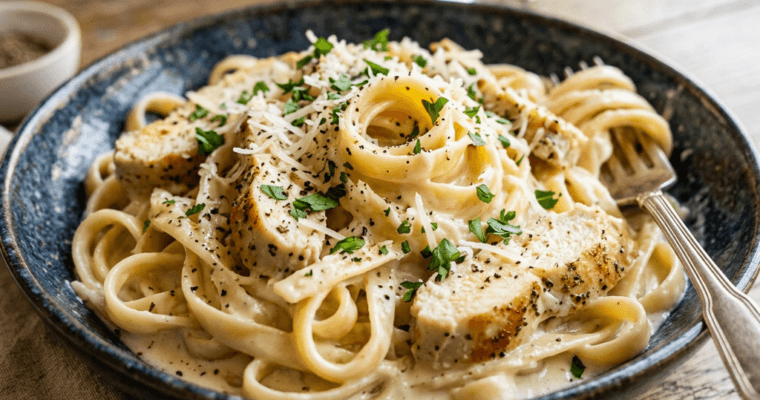 Fettuccine Alfredo pasta with grilled chicken slices, sprinkled with parsley and black pepper in a dark bowl