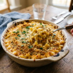 Baked macaroni and cheese with golden breadcrumb topping and parsley in a casserole dish