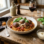 Plate of spaghetti with tomato sauce, meatballs, fresh basil, and grated cheese
